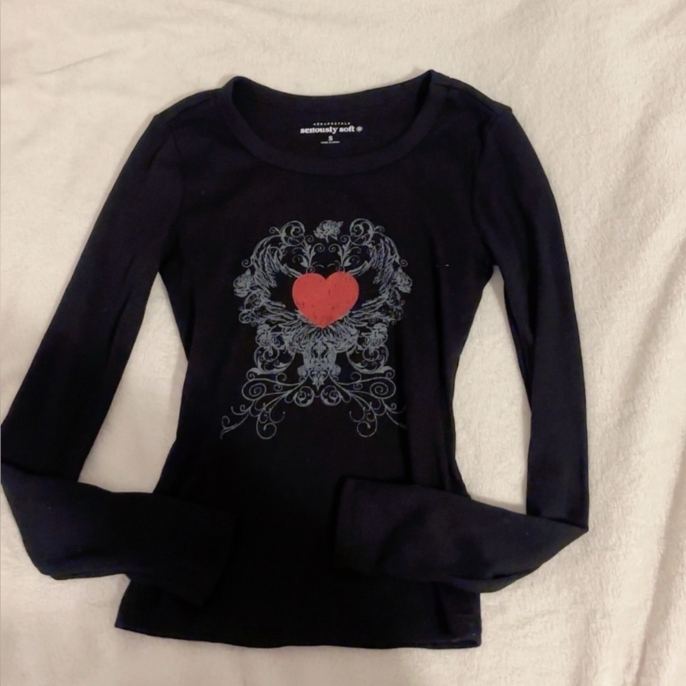 Aeropostale Black Long-Sleeve Tee with Red Heart Graphic